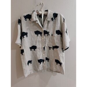 Button-Front Linen Short-Sleeve Top with Buffalo Print - Beige/Black